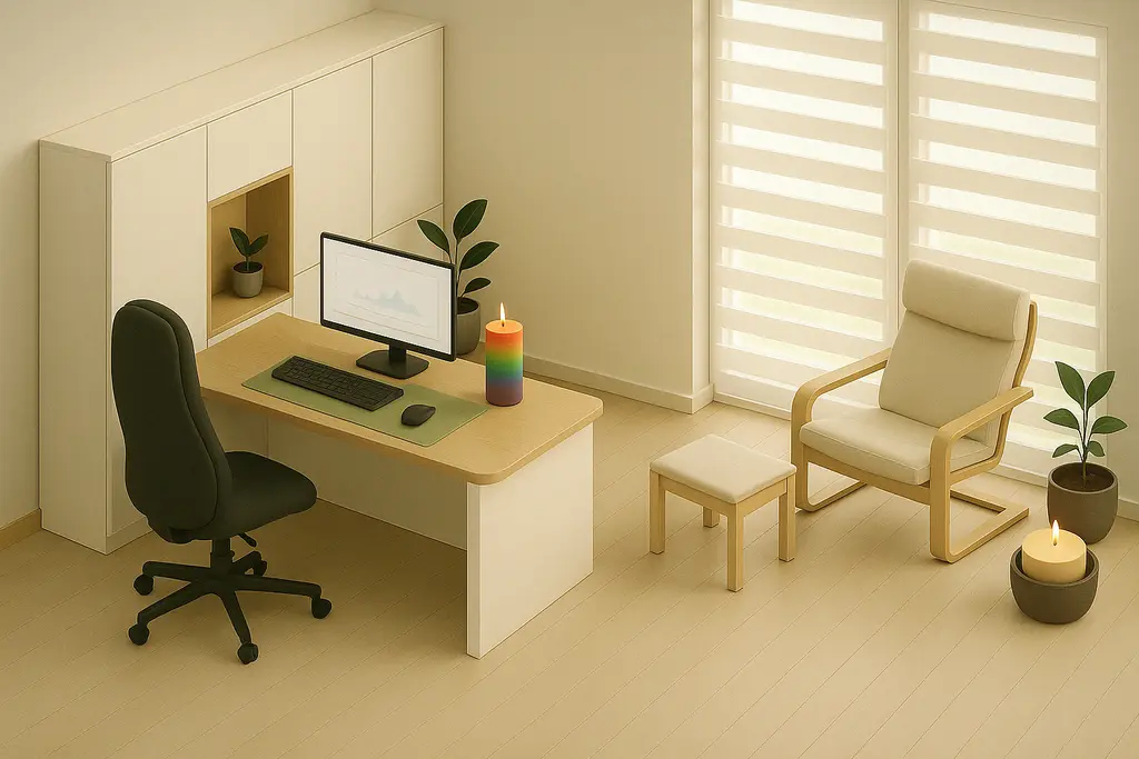 Un bureau de travail et, juste à côté, un coin plus doux avec fauteuil et bougies