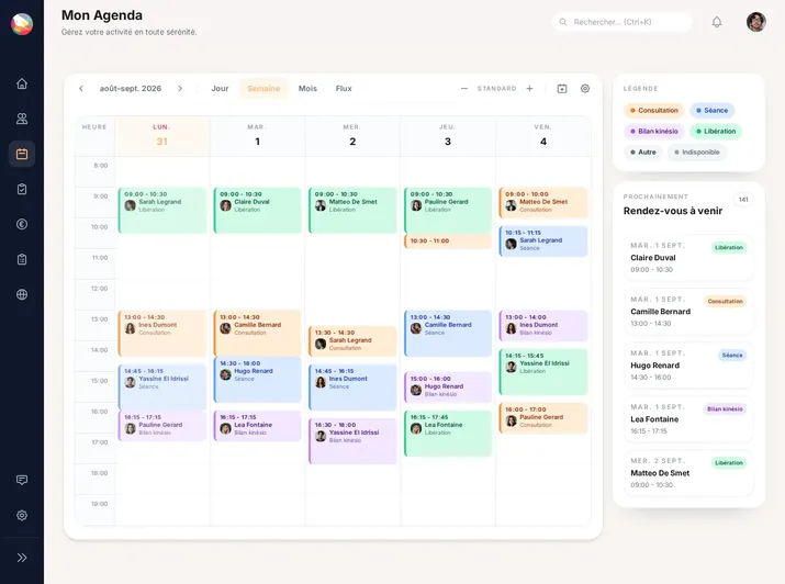Vue semaine de l'agenda avec rendez-vous et indisponibilités
