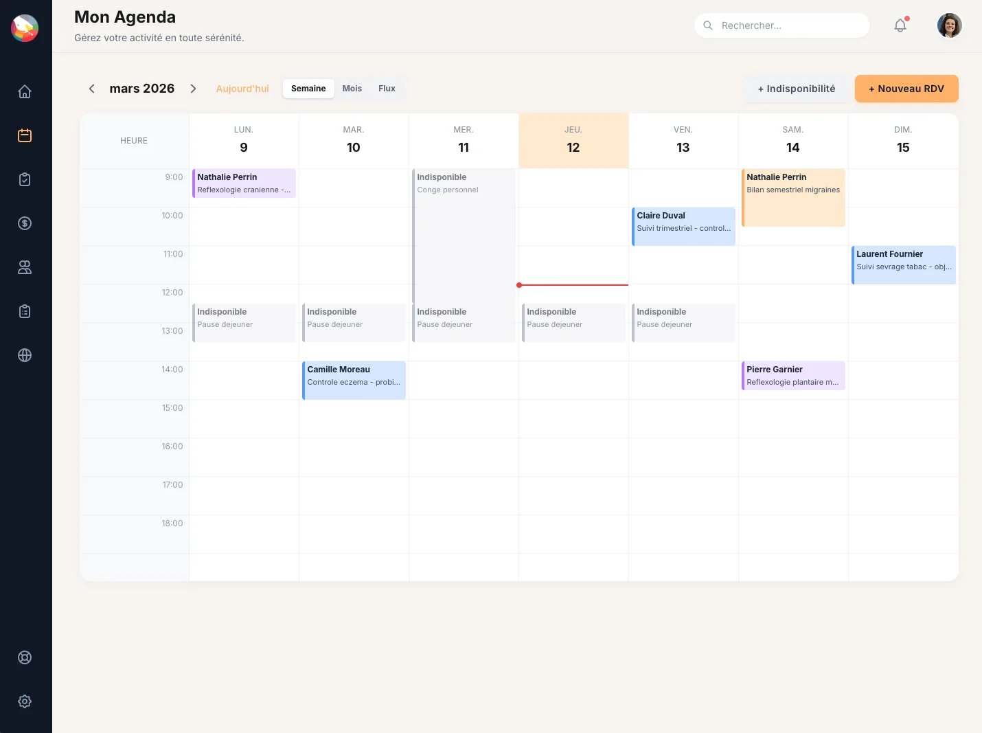 Vue hebdomadaire de l'agenda Asensio avec rendez-vous et indisponibilités