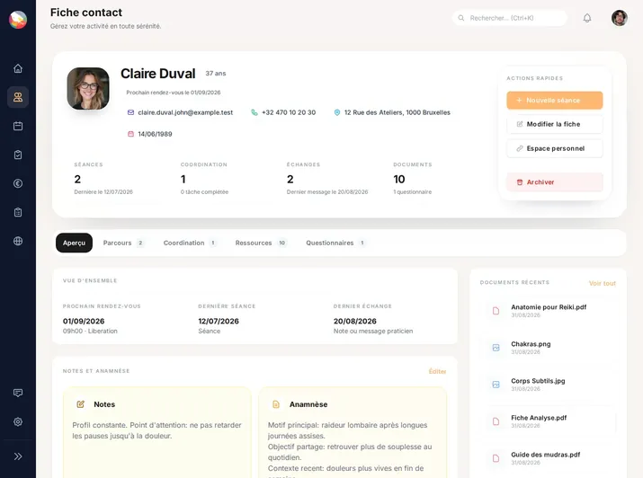 Dossier patient : bilan initial et historique des séances