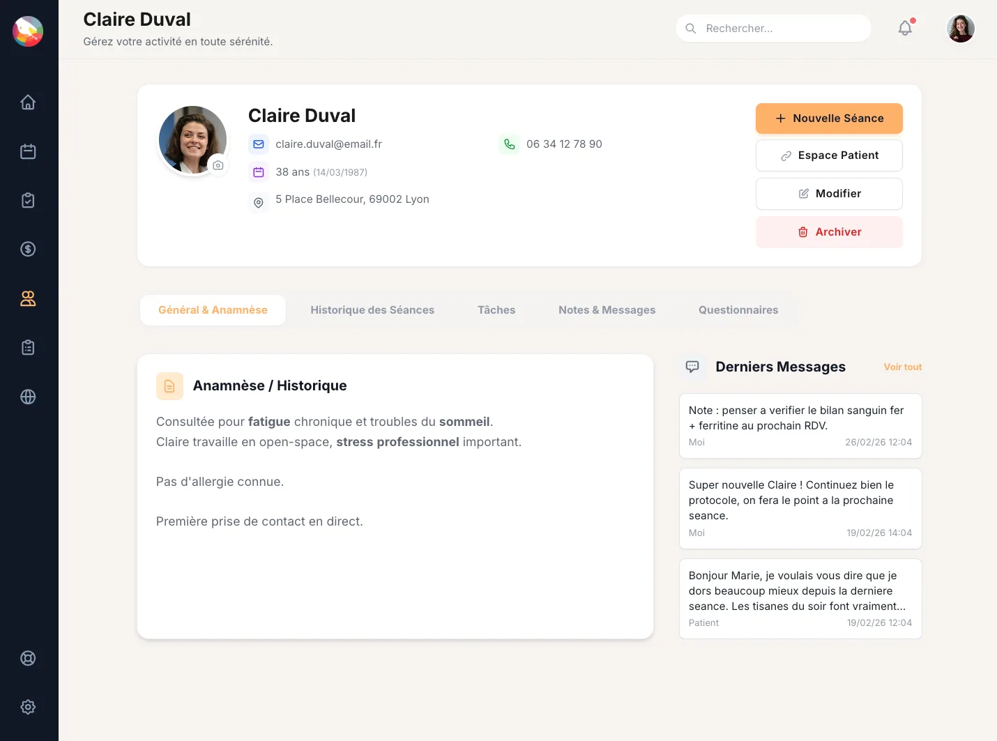 Dossier patient Asensio — anamnèse, historique et messagerie intégrée