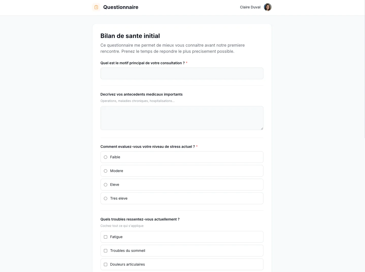 Espace patient — questionnaire de bilan de santé initial