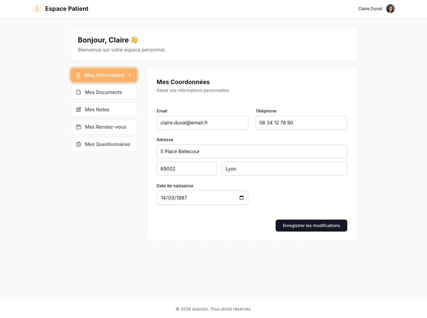 Espace patient Asensio — rendez-vous, calendrier et prise de rendez-vous en ligne