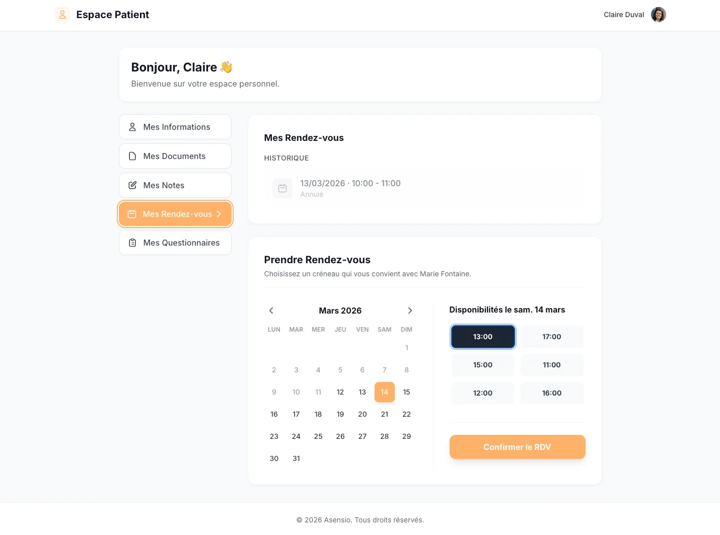 Espace patient — prise de rendez-vous et calendrier interactif