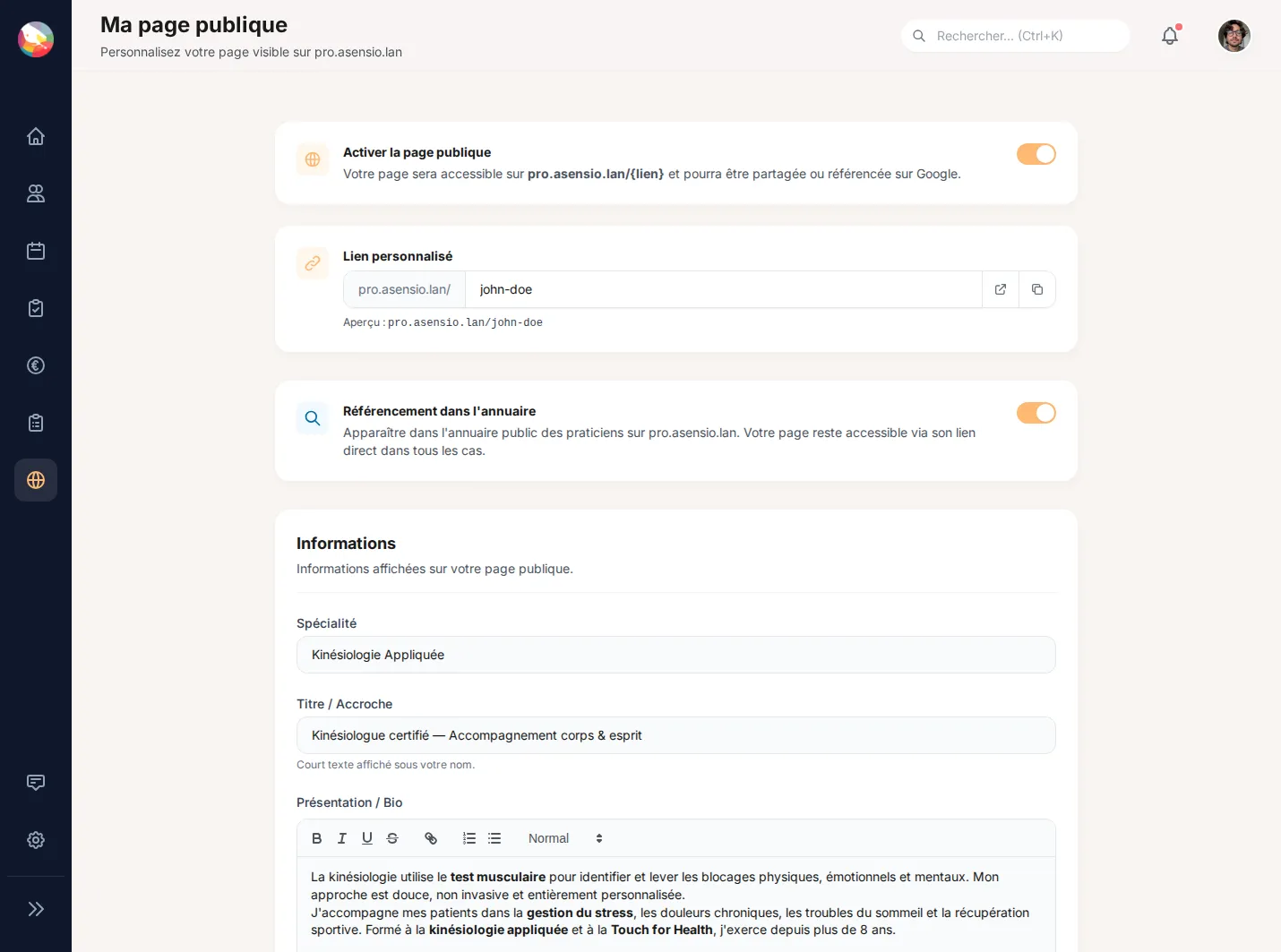 Écran de configuration de la page publique Asensio : photo, présentation, prestations et tarifs