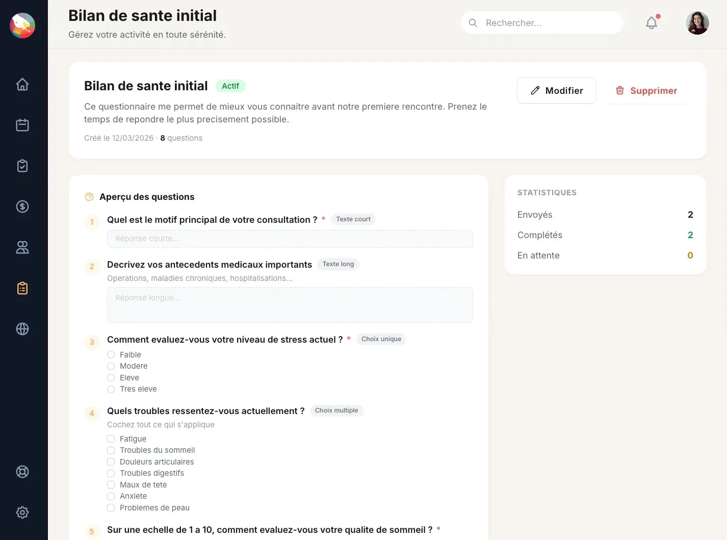 Questionnaires de suivi personnalisés avec statistiques