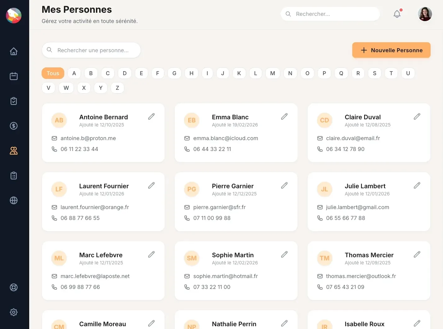 Répertoire patients Asensio avec navigation alphabétique