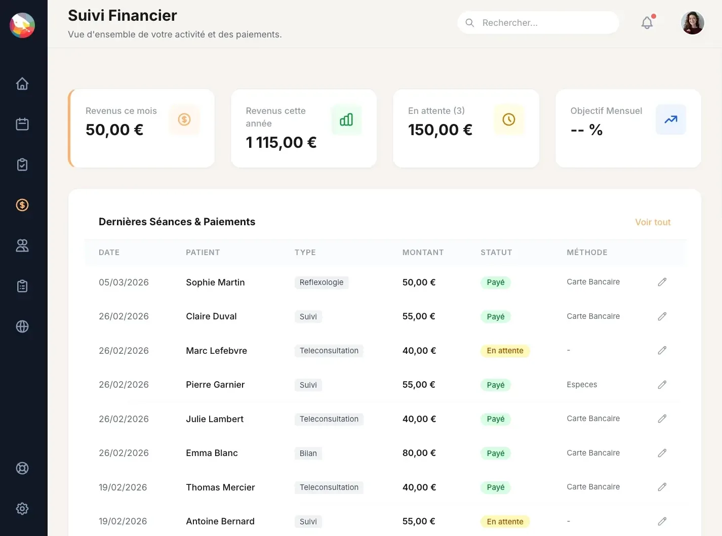 Suivi financier Asensio — revenus mensuels et paiements
