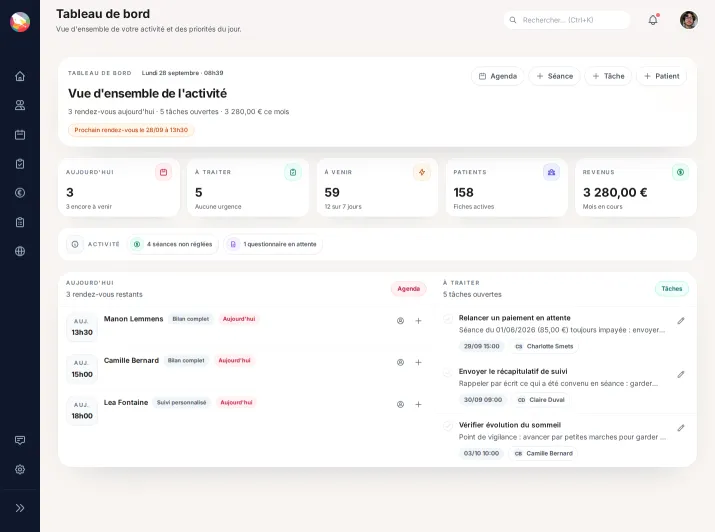 Tableau de bord : rendez-vous à venir, statistiques et tâches