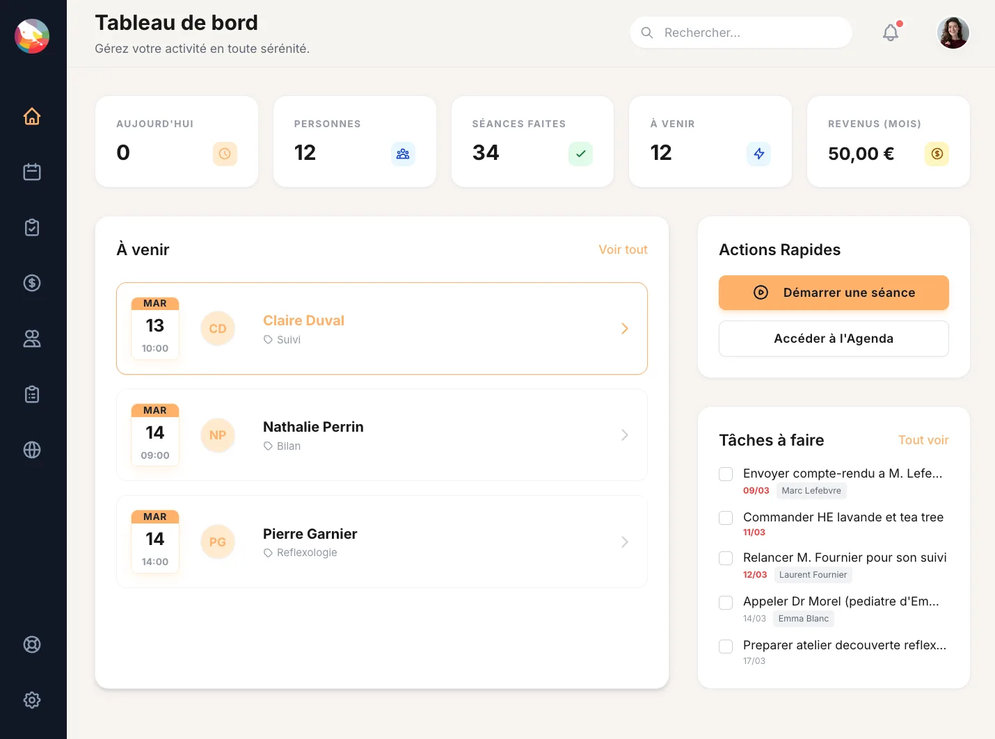 Tableau de bord Asensio — statistiques, rendez-vous à venir et tâches