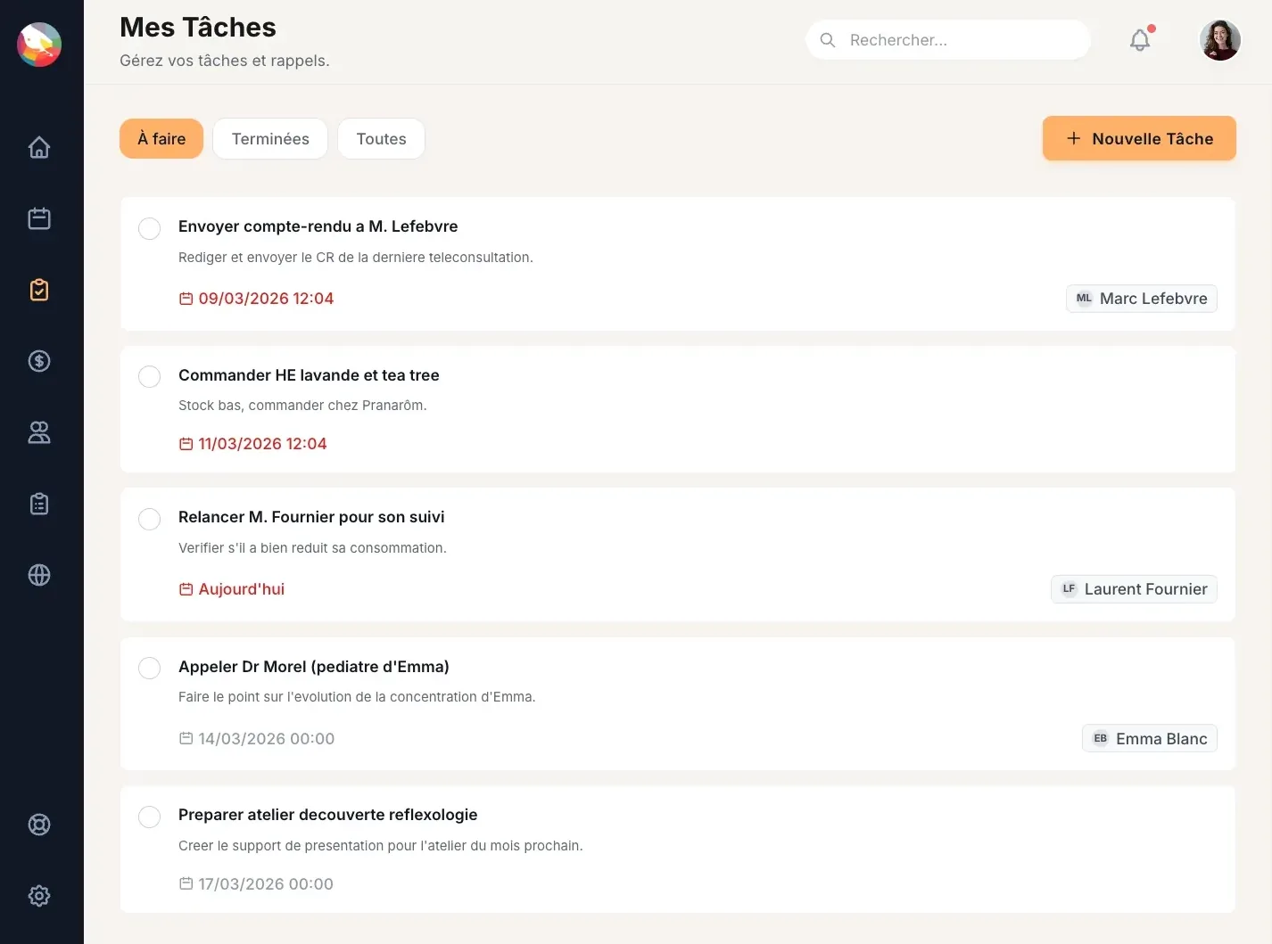 Gestion des tâches et rappels liés aux patients